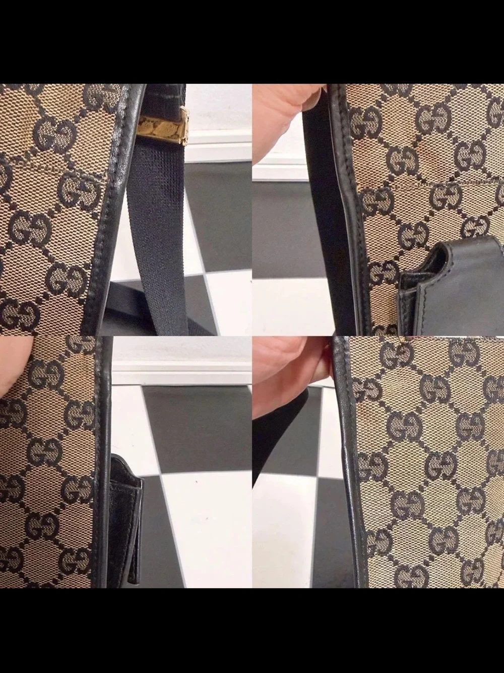 Gucci Beige & Black GG Canvas Messenger Bag with Leather Trim